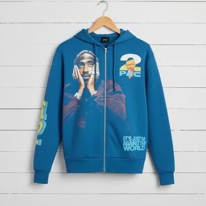 Tupac Shakur Full Zip Graphic Men’s Hoodie - Blue - 2Pac - Fleece Lined (NWT)